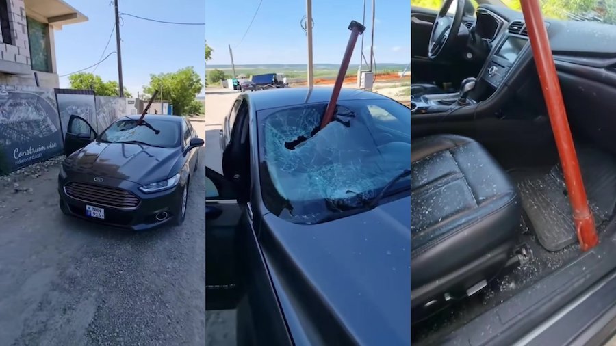 Născut în cămașă! Unui șofer i-a intrat în cabină un pilon din metal căzut de la un bloc din Durlești