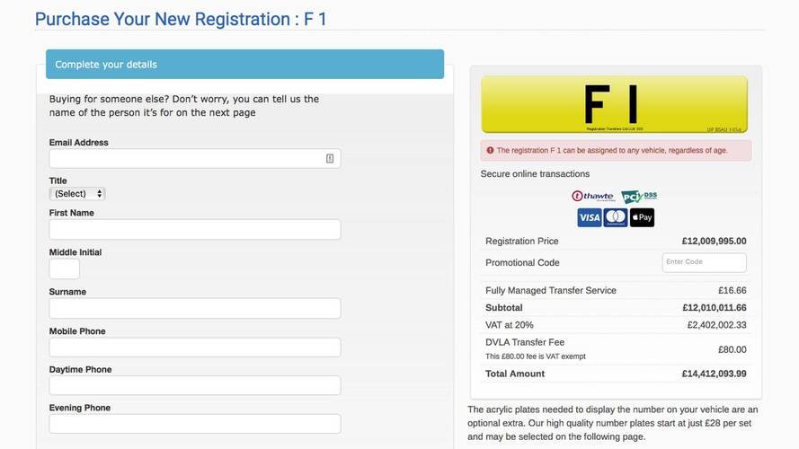 "F1" License Plate For Sale At An Unbelievable $20 Million