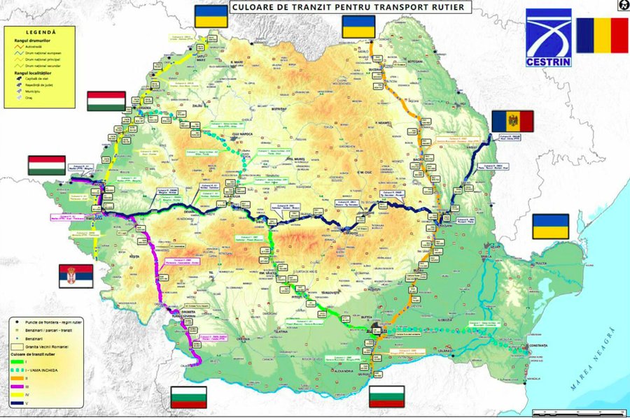 Harta traseelor pentru tranzitarea României puse la dispoziţia transportatorilor de mărfuri de autorităţi