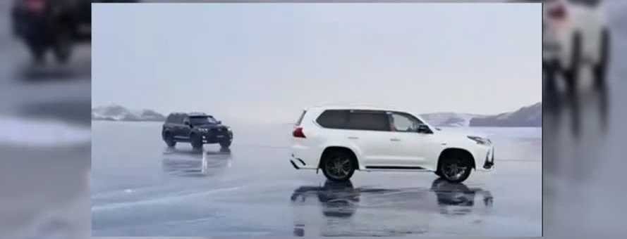 Frozen Russian Lake Drifting Goes Wrong For Two SUV Drivers