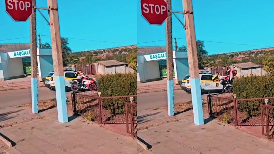 Incident viral în Bașcalia. Vezi cum un polițist ieșit prin geam a descălecat un motociclist