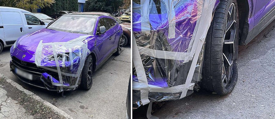 Поврежденный в ДТП Lamborghini Urus припаркован в одном из дворов столицы