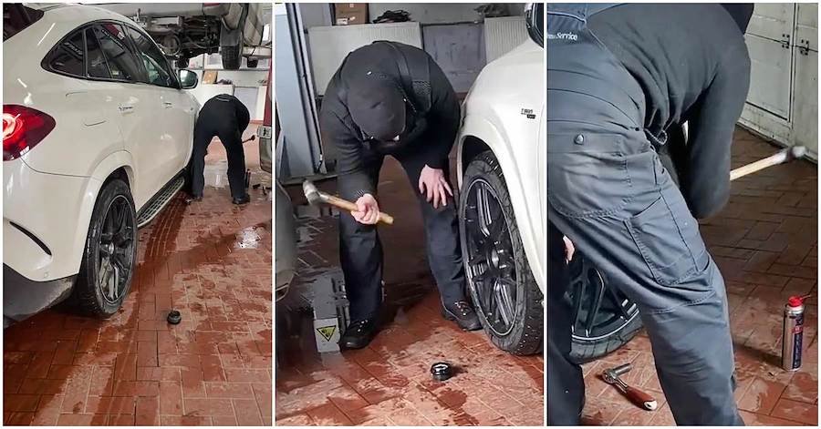 Viral! Un primar din România, posesor de Mercedes-AMG, a filmat cum îi sunt lovite cu ciocanul jantele scumpe
